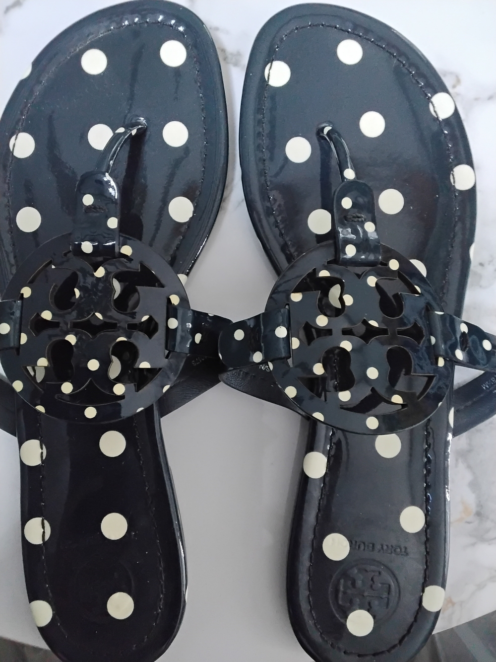Tory Burch Black and Cream Polka Dot Miller Sandals